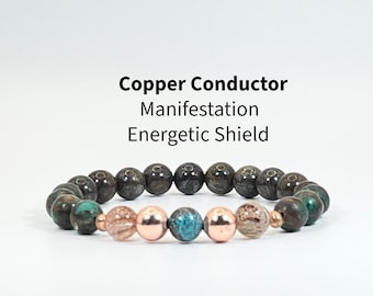 Copper Conductor Manifestation Bracelet | Copper Crystal Bracelet | Red Copper Rutile Quartz | Malachite Bracelet | Energy Protection Jewelr