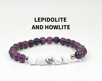Lepidolite & Howlite Healing Crystal Bracelet – Calming, Stress Relief, Emotional Balance, Handmade Gemstone Jewelry