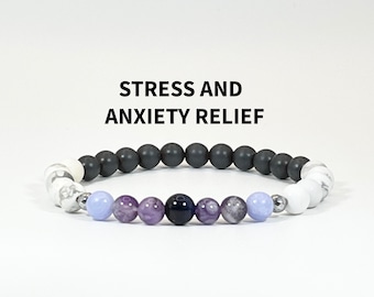 Stress and Anxiety Relief Crystal Bracelet | Blue Tiger’s Eye, Amethyst, Blue Lace Agate, Howlite & Hematite | Calming Crystal Jewelry