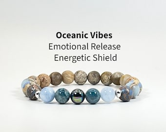 Oceanic Vibes Bracelet | Fossil Coral, Blue Apatite & Larimar Quartz Crystal Bracelet |Ocean-Inspired Healing Jewelry