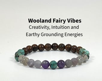 Woodland Fairy Vibes Crystal and Wood Bracelet, Turquoise, Iolite, Amethyst Labradorite, Black Rosewood, Creativity Intuition, Grounding
