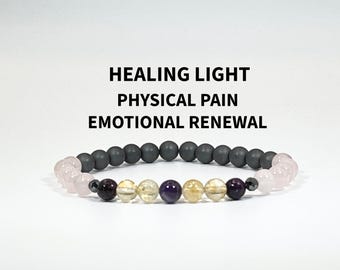 Healing Light Bracelet –  Physical Pain & Emotional Renewal | Amethyst, Rose Quartz, Lepidolite | Pain and Depression Support Gift