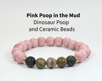Pink Poop in the Mud Bracelet | Dinosaur Poop Coprolite Bracelet | Ceramic Bead Bracelet | Grounding Crystal Bracelet | Fossil Jewelry