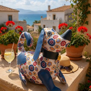 Puede incluir: Un cojín decorativo con forma de perro con un estampado floral en azul, amarillo y rojo. El perro tiene orejas y patas azules y una nariz negra. Lleva un collar negro con una etiqueta dorada. Un sombrero de paja y gafas de sol están cerca.