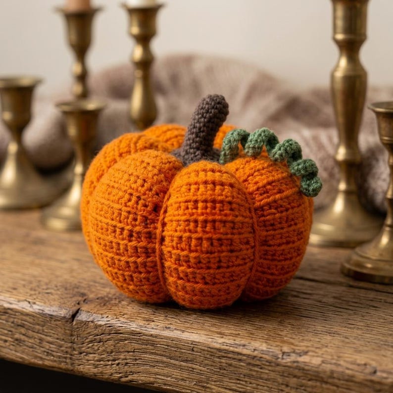May include: A crocheted pumpkin in a vibrant orange color with a dark brown stem and a small, curly green vine attached to the top. The pumpkin features a textured, ribbed surface created by the crochet stitches, giving it a rounded shape.