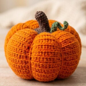 May include: A round, orange crocheted pumpkin featuring a textured, ribbed surface. The top of the pumpkin includes a dark brown, cylindrical crocheted stem and a small, curled green crocheted vine attached near the base of the stem.