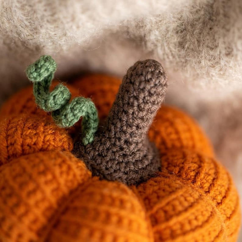 May include: A crocheted pumpkin featuring a vibrant orange body with a textured, ribbed surface. It includes a dark brown stem and a small, spiraled green vine attached to the top, showcasing detailed yarn stitching throughout the entire object.