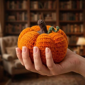 May include: A small, round, orange crocheted pumpkin with a dark brown stem and a single green curly vine attached to the top. The pumpkin features a textured, ribbed surface created by the yarn stitches, forming a soft, stuffed, spherical shape.