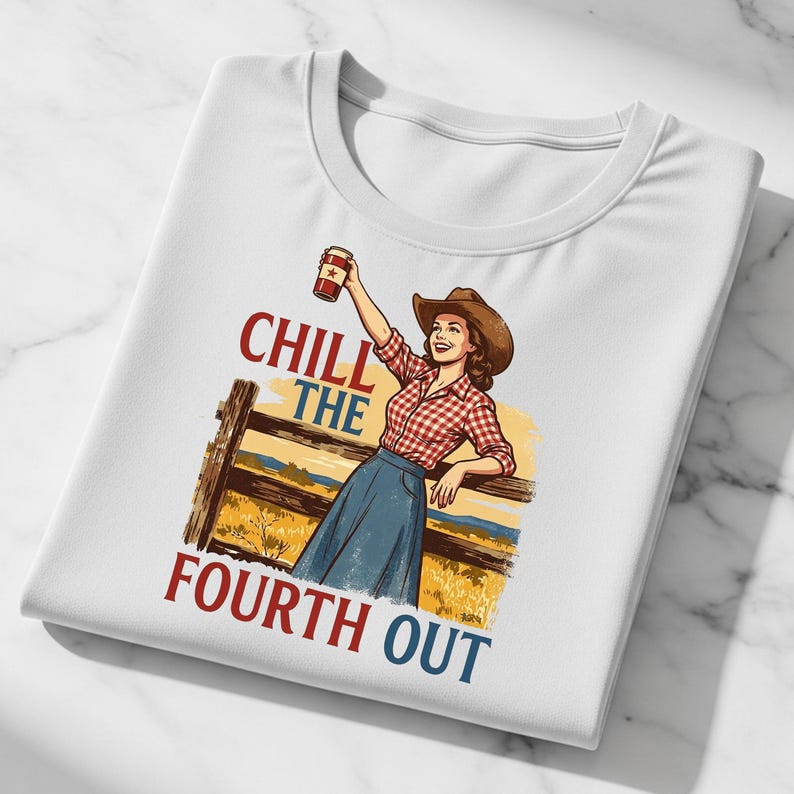 Retro Cowgirl Chill the Fourth Out PNG, Independence Day Sublimation Design (Digital Download) image 4