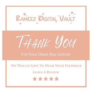 May include: A digital thank you card with a peach background and white text. The card reads "Rameez Digital Vault" at the top, with "Thank You" in large script. Below, it says "For Your Order And Support" and "We Would Love To Hear Your Feedback, Leave a Review" with five stars.