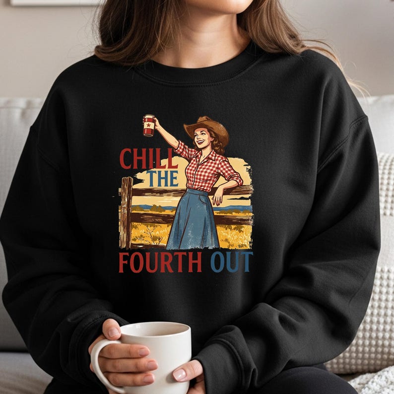 Retro Cowgirl Chill the Fourth Out PNG, Independence Day Sublimation Design (Digital Download) image 5