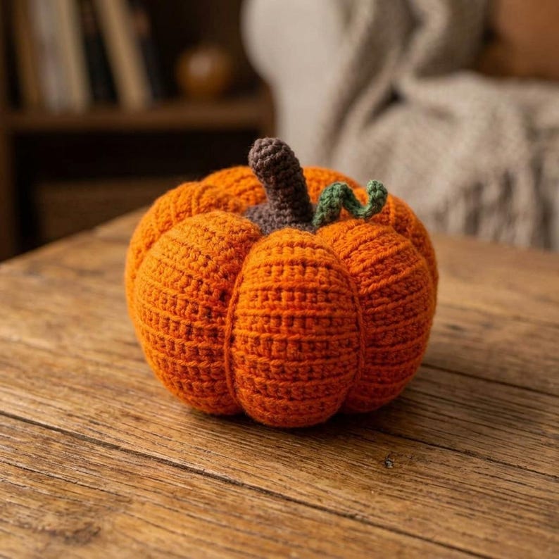 May include: A round, orange crocheted pumpkin featuring a dark brown stem and a small, curly green vine attached to the top. The pumpkin has a textured, ribbed surface created by the crochet stitches, giving it a segmented, realistic appearance.