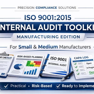 May include: An image promoting an Internal Audit Toolkit for small and medium manufacturers. The title is "ISO 9001:2015 Internal Audit Toolkit Manufacturing Edition". The image includes documents, a magnifying glass, and gears.