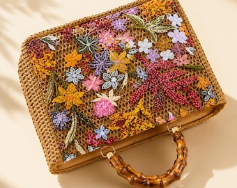 Embroidered Straw Tote Bag for Women, Patchwork Handbag with Bamboo Handle, Square Beach Bag for Work, Travel, Important Occasions