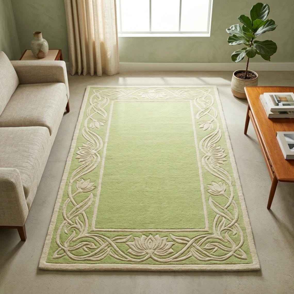 Bordered Wool Rug Sage Green Floral Border Wool Rug, Botanical Hand-tufted Area Carpet - Etsy