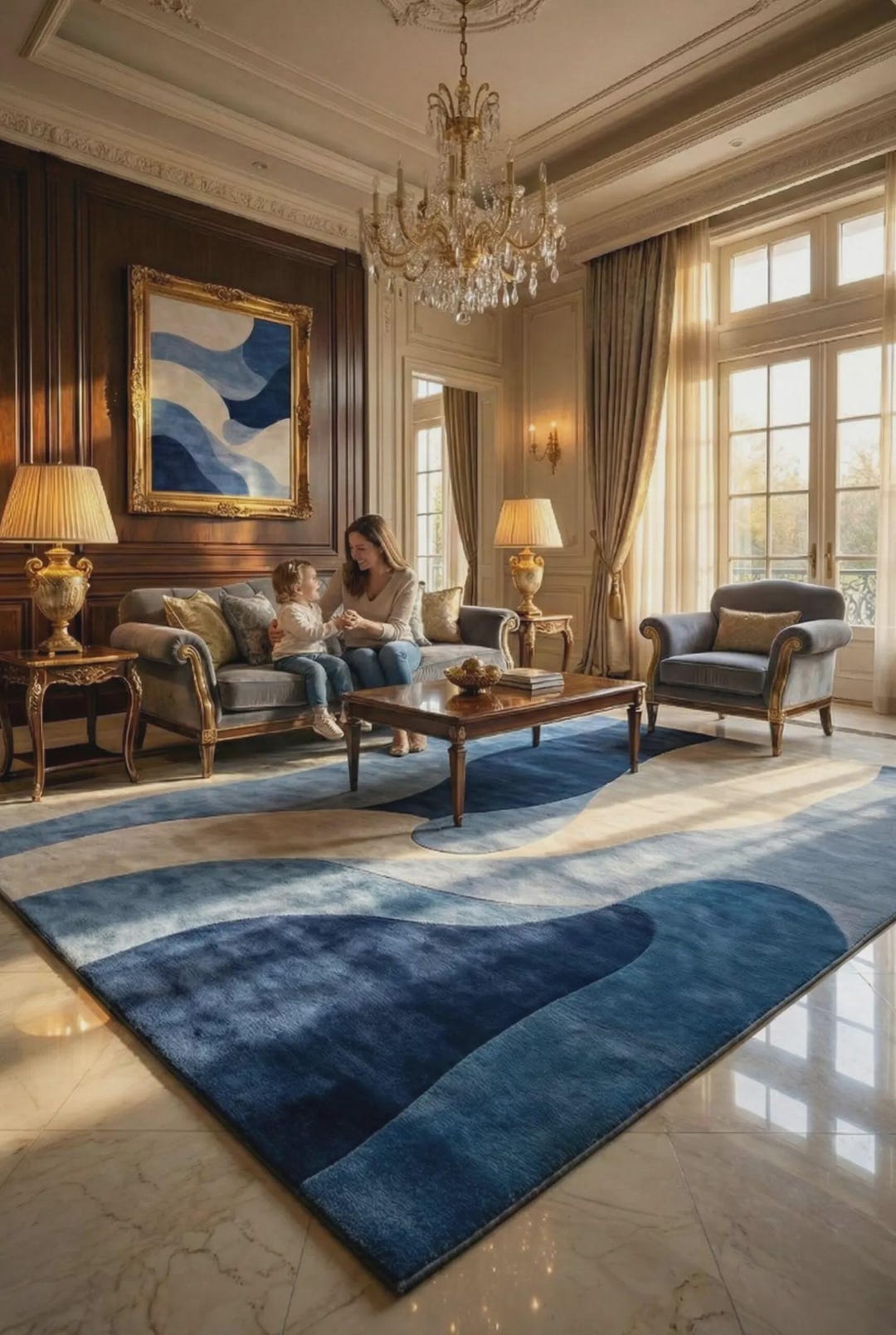 Hand Tufted Blue Abstract Wool Rug, Modern Gradient Navy Cream Carpet ...