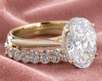 4.50 Ct Oval Cut IGI Certified E-VS1 Lab Grown Diamond Halo Hidden Bridal Engagement Ring Set, 14K Yellow Gold Ring Anniversary Gift For Her