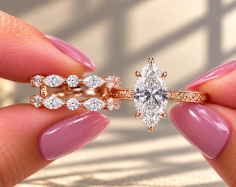 Conjunto de dos piezas: anillo con protector y anillo realzador de moissanita talla marquesa de 3,0 quilates, alianza de boda a juego.