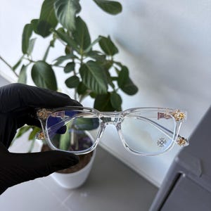 Lunettes de vue chromées CH, montures transparentes et dorées, style gothique/punk/croix/an 2000