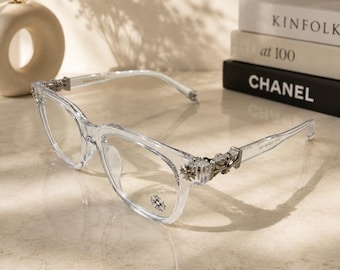 Gothic silver cross frame, transparent square anti blue light glasses