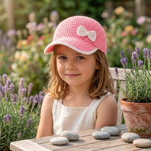 May include: A pink crocheted baseball cap featuring a white crocheted bow detail on the side. The cap has a structured brim with a white crocheted edge, crafted from yarn with a visible stitch pattern throughout the crown and the visor area.