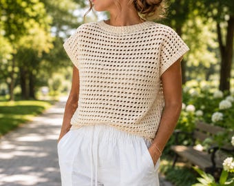 Cream Crochet Mesh Top Pattern PDF | Lightweight Summer Crochet Shirt | Beginner Friendly Boho Tee | Instant Digital Download