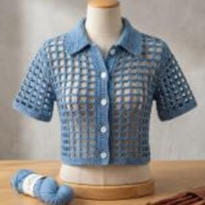 Könnte beinhalten: Ein kurzärmeliges, hellblaues Häkelhemd mit Knopfleiste, quadratischem Gittermuster, klassischem Kragen und weißen Knöpfen. Ein passendes Knäuel blaues Garn mit weißem Etikett liegt neben dem Kleidungsstück auf der Schneiderpuppe.
