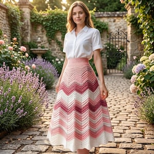 May include: A white short-sleeved button-down shirt paired with a high-waisted midi skirt featuring a crochet chevron pattern in gradient shades of pink, red, and white, with a fitted waistband and a flared, textured silhouette.
