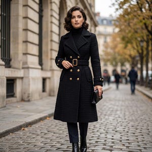 May include: A black double-breasted coat with a textured knit pattern, featuring gold-toned buttons, a matching belt with a rectangular buckle, and long sleeves. The coat is worn over a black turtleneck sweater and dark trousers, paired with black boots.