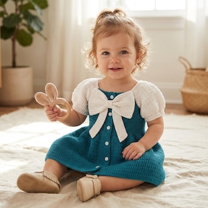 May include: A teal crochet dress with short white puff sleeves and a large white crochet bow at the neckline. The dress features a front button placket with white buttons. A small beige crochet bunny ear rattle is held in one hand.
