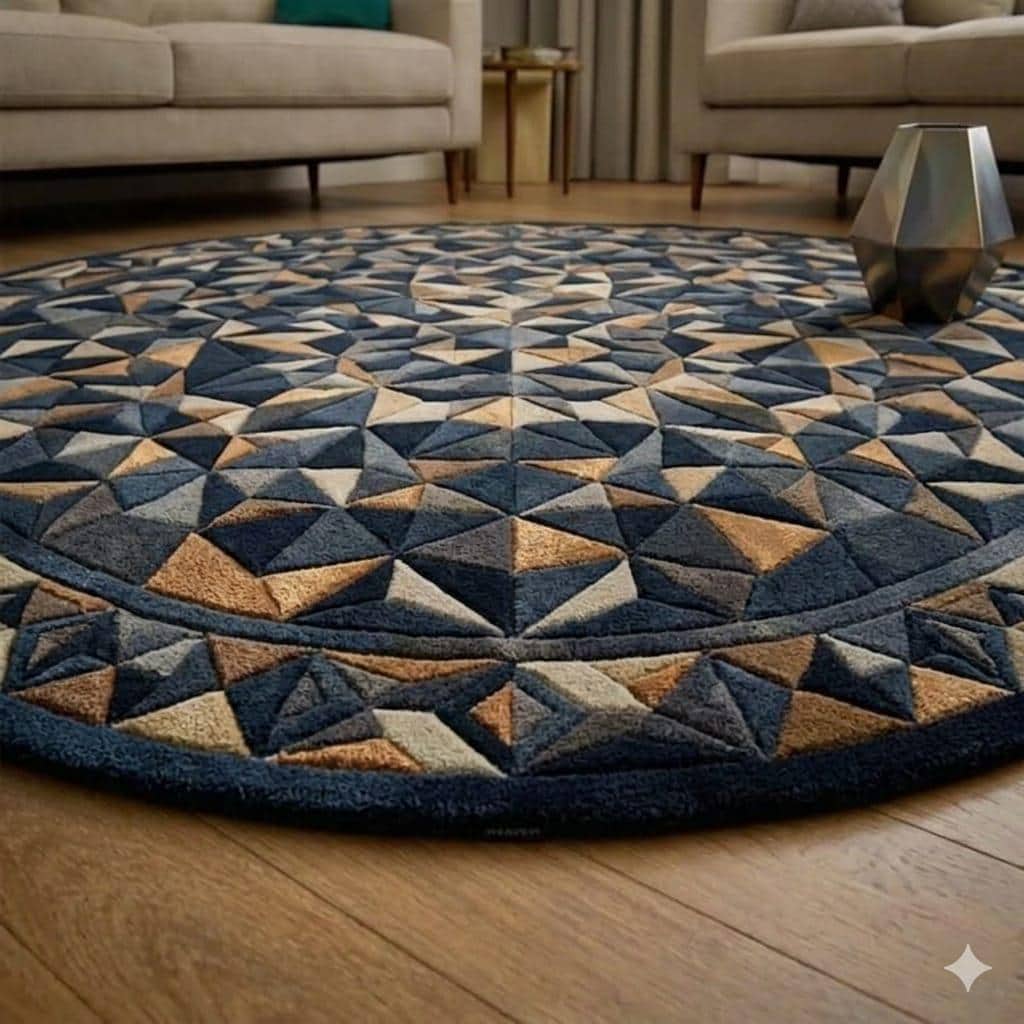 Hand Tufted Round Rug, Geometric Wool Area Rug, Modern Blue Carpet, Luxury Living Room Rug, Soft Custom Home Decor