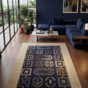 Hand Tufted Wool Rug, Modern Geometric Area Rug, Blue Beige Abstract Rug, Luxury Living Room Carpet, Handmade Contemporary Decor