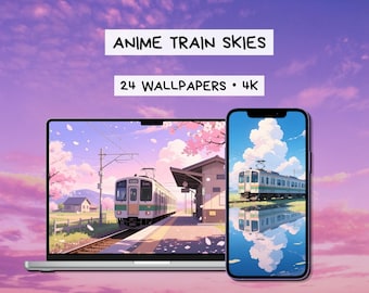 Paquete de fondos de pantalla Anime Train Skies: paisajes ferroviarios cinematográficos, estética lofi, 24 fondos de pantalla 4K de ensueño para teléfono y ordenador.