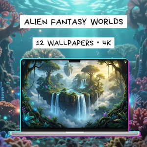 May include: A laptop displays a vibrant digital art scene of an alien fantasy world with waterfalls and floating islands. The screen is framed by a colorful underwater coral reef. Text at the top reads "ALIEN FANTASY WORLDS" and "12 WALLPAPERS • 4K".