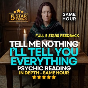 Könnte beinhalten: Eine Person mit dunklem Haar sitzt an einem Holztisch mit zwei brennenden Kerzen. Der überlagerte Text lautet: 5 STAR RATING, SAME HOUR, FULL 5 STARS FEEDBACK, TELL ME NOTHING I'LL TELL YOU EVERYTHING, PSYCHIC READING, IN DEPTH - SAME HOUR.