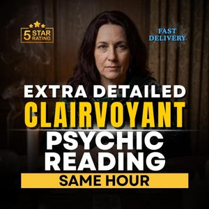 Puede incluir: Imagen de una mujer con cabello oscuro, con texto superpuesto. El texto dice "EXTRA DETAILED CLAIRVOYANT PSYCHIC READING SAME HOUR." Texto adicional indica "5 STAR RATING" y "FAST DELIVERY."