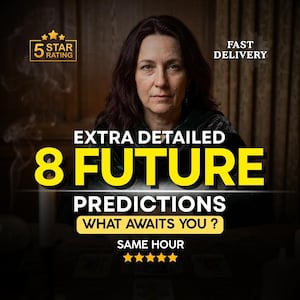 Peut inclure: Image promotionnelle avec une femme au centre. Le texte met en évidence "8 FUTURE PREDICTIONS" et "WHAT AWAITS YOU?" en jaune. Un badge "5 STAR RATING" et les mots "FAST DELIVERY" sont également affichés.