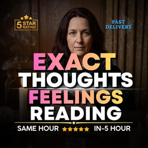 Peut inclure: Image avec le texte "EXACT THOUGHTS FEELINGS READING" en rose et jaune. L'image comprend également le texte "5 STAR RATING" et "FAST DELIVERY". Une femme est en arrière-plan.