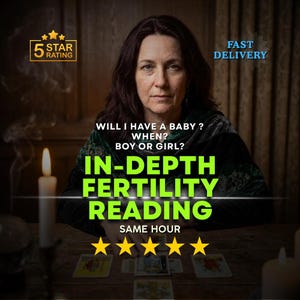 May include: A person in a dark green velvet garment sits at a wooden table with lit candles and tarot cards. Text reads: 5 STAR RATING, FAST DELIVERY, WILL I HAVE A BABY? WHEN? BOY OR GIRL? IN-DEPTH FERTILITY READING, SAME HOUR, and five yellow stars.