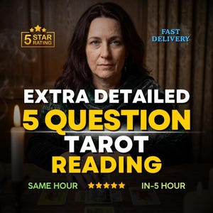 May include: An advertisement for a tarot reading service. The image features a woman, candles, and tarot cards. The text reads "EXTRA DETAILED 5 QUESTION TAROT READING". Additional text includes "5 STAR RATING", "FAST DELIVERY", "SAME HOUR", and "IN-5 HOUR".