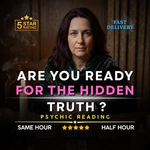 以下が含まれることがあります： 占いセッションの広告。黒髪の女性が特徴です。「あなたは隠された真実の準備はできていますか？」と「サイキックリーディング」というテキスト。追加テキストには「5つ星評価」、「速達」、「同日」、「30分」が含まれています。