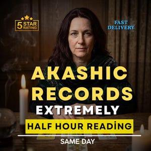 Könnte beinhalten: Das Bild zeigt eine Frau mit dunklem Haar im Zentrum, mit dem Text "AKASHIC RECORDS EXTREMELY HALF HOUR READING SAME DAY." Das Bild enthält auch ein "5 STAR RATING"-Abzeichen und die Worte "FAST DELIVERY."