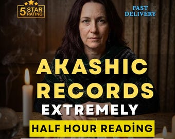 Puede incluir: Imagen de una mujer de cabello oscuro, centrada en el encuadre, con el texto "AKASHIC RECORDS EXTREMELY HALF HOUR READING SAME DAY." La imagen también incluye una insignia de "5 STAR RATING" y las palabras "FAST DELIVERY."