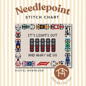 Könnte beinhalten: Ein digitales Kreuzstichmuster mit Rennsport-Thema. Das Design zeigt Rennwagen um den Rand, mit dem Text "IT'S LIGHTS OUT AND AWAY WE GO" und einer Reihe roter Lichter. Die Worte "Needlepoint Stitch Chart" stehen oben.