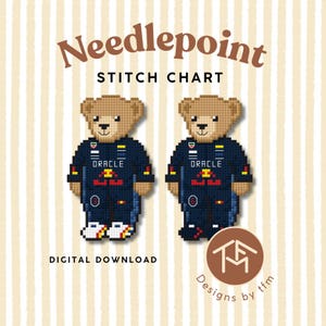 Può includere: Schema per punto croce con due orsetti di peluche che indossano tute da corsa blu navy con il logo Oracle. Gli orsetti hanno la pelliccia marrone chiaro e sono su uno sfondo a righe. Sono visibili anche le parole "Needlepoint Stitch Chart" e "Digital Download".
