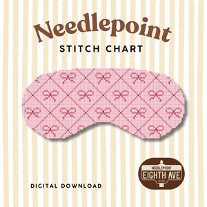 Puede incluir: Un gráfico de punto de aguja en descarga digital con forma de antifaz rosa y un patrón repetitivo de lazos rosa oscuro sobre una cuadrícula de rombos. El texto dice Needlepoint STITCH CHART y DIGITAL DOWNLOAD con un logo de EIGHTH AVE.