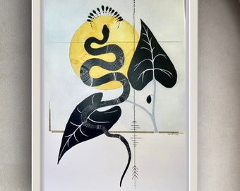 Botanical Snake Art Print, Watercolor Gouache Illustration