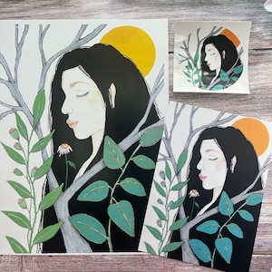 Witch Aesthetic Folk Art Fairy Prints, Daisy Fairy Wall Art, Gouache/Watercolor Prints 5x7 & 9x12, Cottage Core Fairy art, Fairy Sticker.