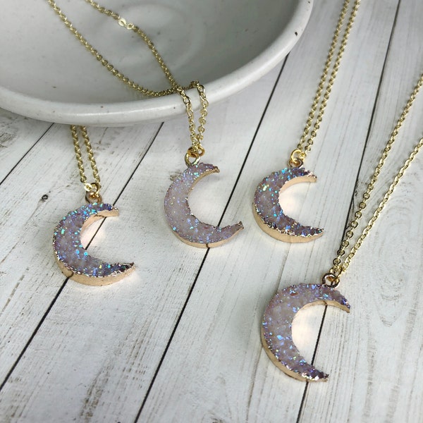 Druzy Resin Moon Necklace, Crescent Moon Necklace, Moon Necklace in Gold Tone,