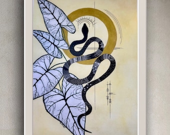 May include: A black and white illustration of a snake with a geometric pattern, surrounded by white leaves on a beige background with a gold circle.